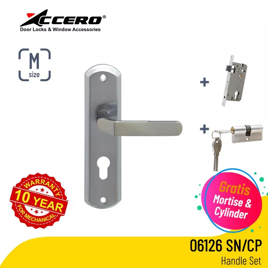 Accero Plat Handle Set Accero 06126 ukuran M Tipe 06126 SN/CP dengan Body Mortise & Silinder Gratis 10 Tahun Garansi Mekanikal